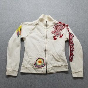 Johnny‎ Was Jacket Womens Large White Tan Pockets Zip Mock Neck Embroidered